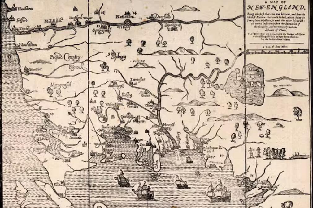 O 'White Hills Map', (Boston, 1677) o primeiro mapa impresso nas Treze Colônias (oeste virado para cima)