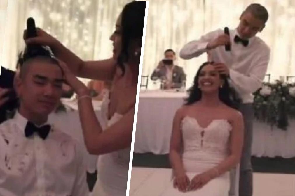 O inesperado gesto emocionou todos os convidados, família e amigos. No casamento, os noivos rapam o cabelo em solidariedade à mãe da noiva, que luta contra um cancro.