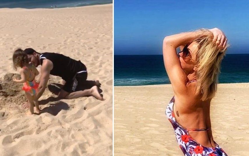 Laura Figueiredo empina o bumbum com triquíni reduzido E Mickael Carreira constrói piscina de areia para a pequena Beatriz