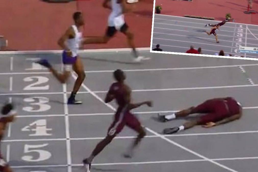 Atleta salta e aterra de cara no chão para cortar a meta em primeiro [vídeo]