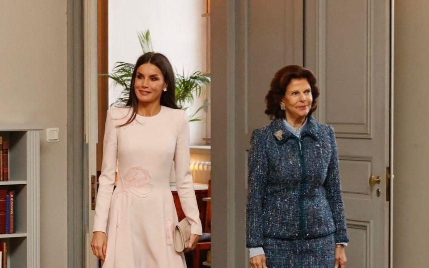 Letizia Vinga com look monocromático de princesa na biblioteca real de Estocolmo