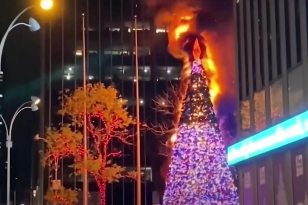 Sem-abrigo incendeia árvore de Natal no centro de Nova Iorque [vídeo]